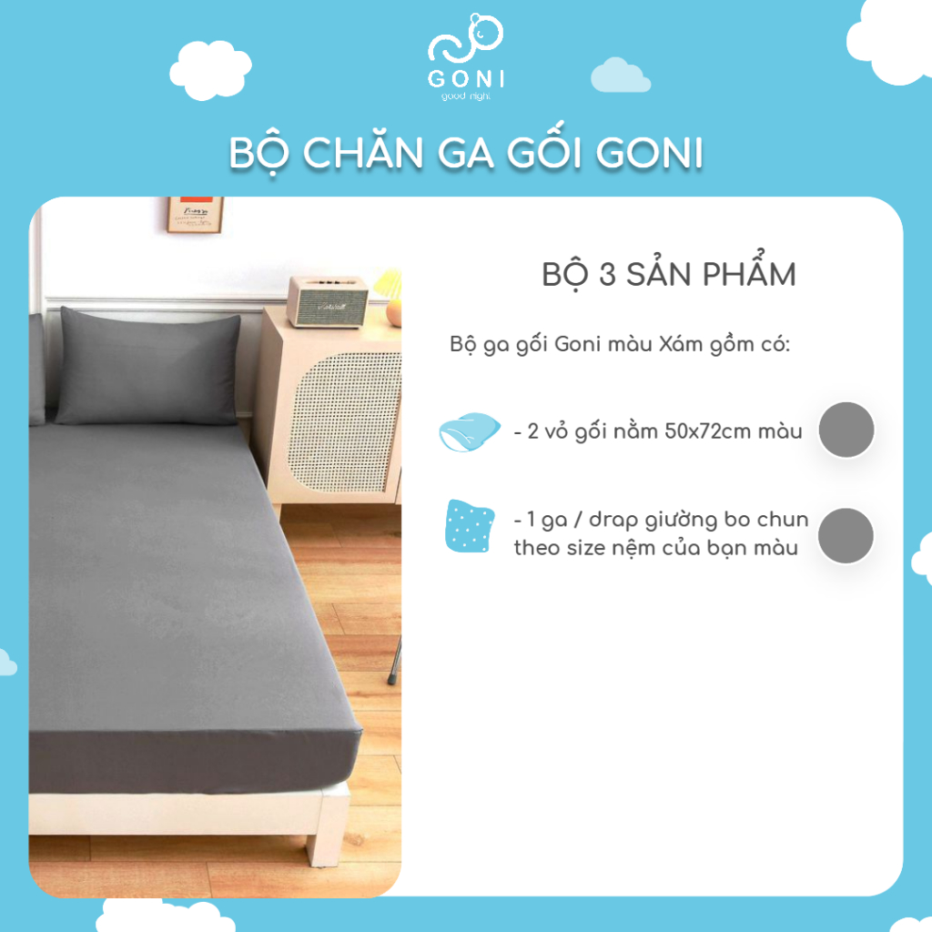 Bộ Ga Gối Cotton Tici GONI Drap Giường Đủ Màu Đủ Kích Thước Trải Nệm Không Kèm Ruột