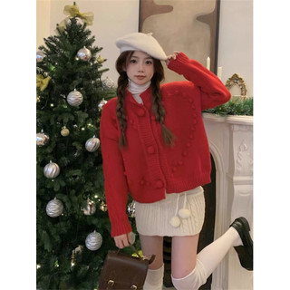  Áo Len Nữ Đỏ 🍊Tiệm Vải xinh 🍊 Áo Khoác Len Đỏ Bông Tim Dày Dặn 