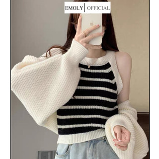  Set áo yếm kẻ trắng đen + áo khoác tay cánh dơi bồng tiểu thư siêu xinh phong cách Hàn Quốc- S01