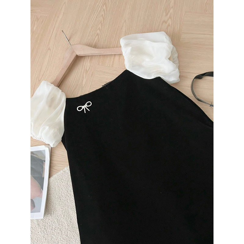 Váy đầm đen nhung tay bồng voan hai lớp kèm tag nơ đá xinh có túi 2 bên sườn