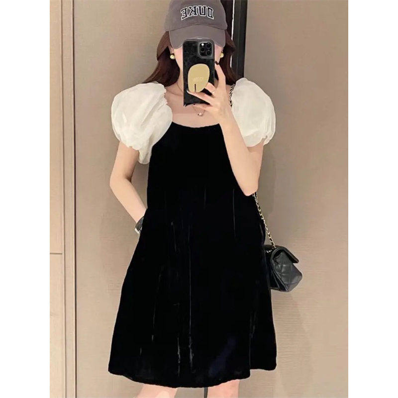 Váy đầm đen nhung tay bồng voan hai lớp kèm tag nơ đá xinh có túi 2 bên sườn