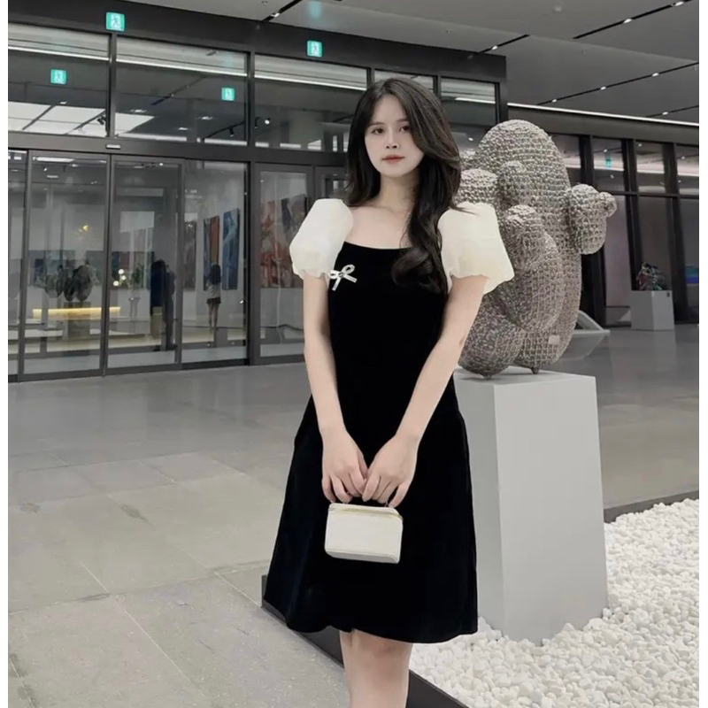Váy đầm đen nhung tay bồng voan hai lớp kèm tag nơ đá xinh có túi 2 bên sườn
