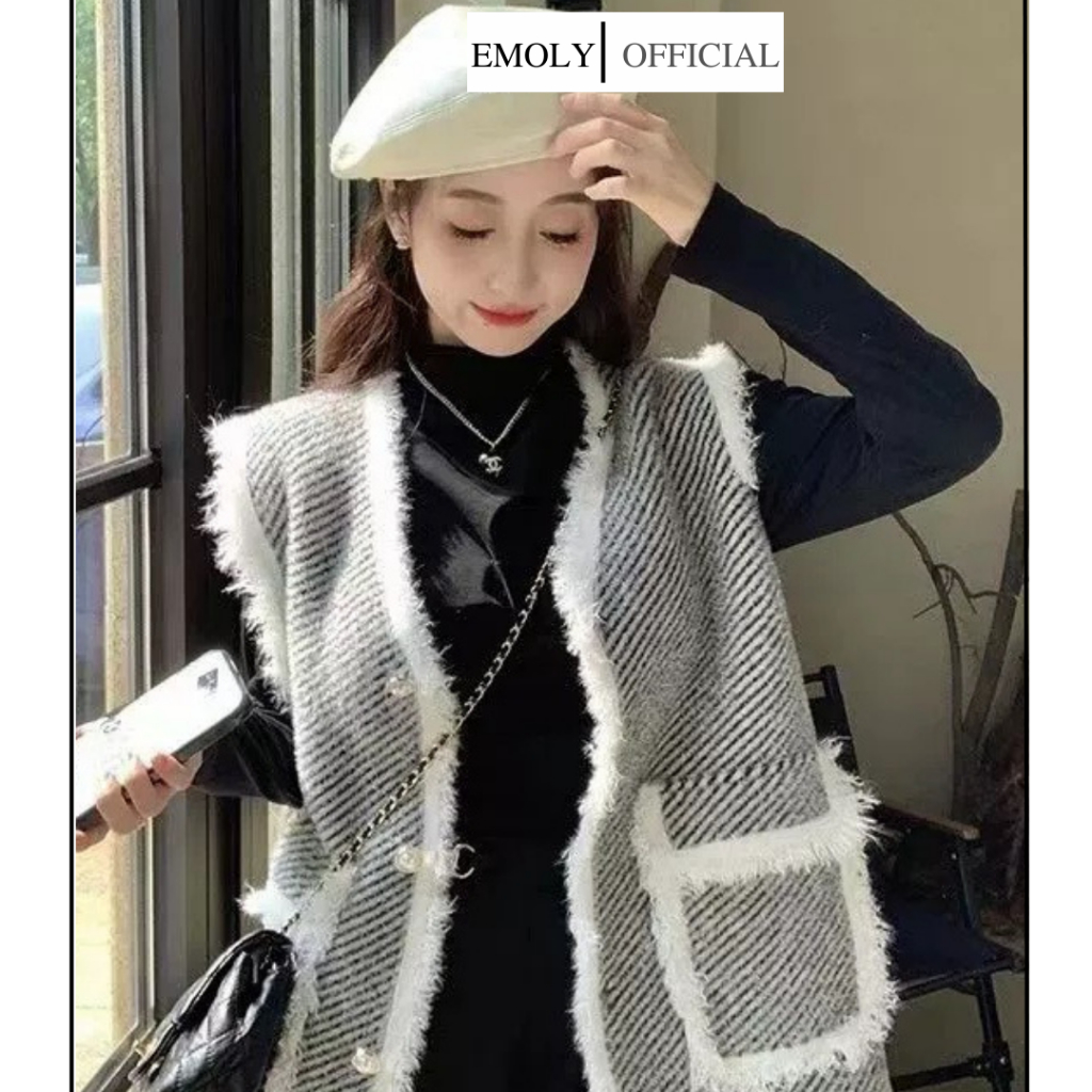 Áo khoác gile, ghi le nữ áo khoác không tay kẻ nhỏ viền lông sang chảnh shop Đậu Xinh - 133