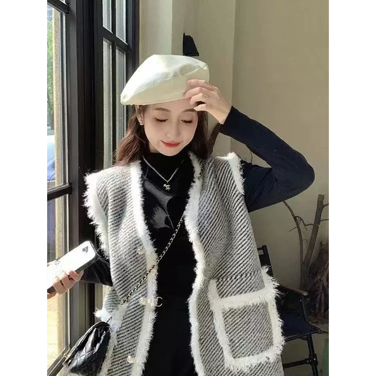 Áo khoác gile, ghi le nữ áo khoác không tay kẻ nhỏ viền lông sang chảnh shop Đậu Xinh - 133
