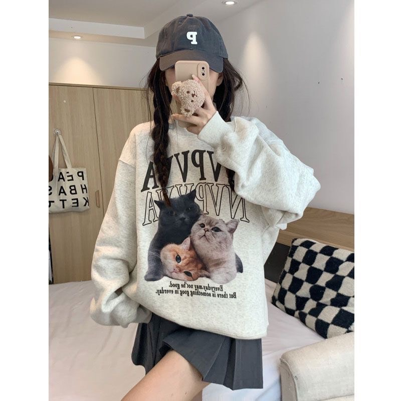 Áo sweater thun tay dài 3 chú mèo chất nỉ bông cotton  local brand basic unisex cotton hai màu SIÊU RẺ