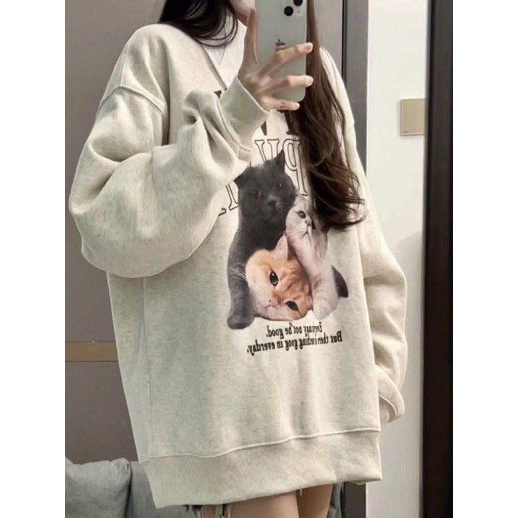 Áo sweater thun tay dài 3 chú mèo chất nỉ bông cotton  local brand basic unisex cotton hai màu SIÊU RẺ