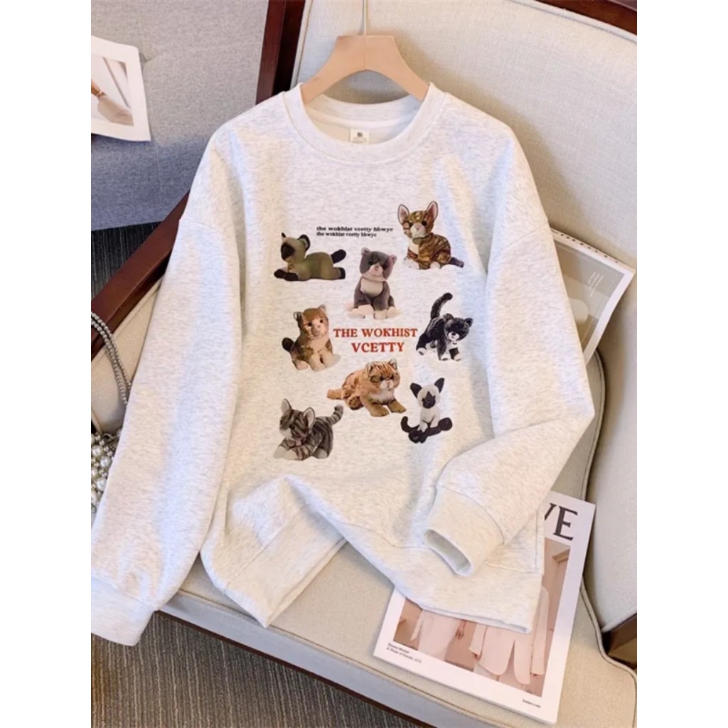 Áo sweater thun tay dài 3 chú mèo chất nỉ bông cotton  local brand basic unisex cotton hai màu SIÊU RẺ