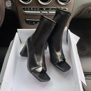 Giày Bốt Nư Da Cao Gót Hở Mũi