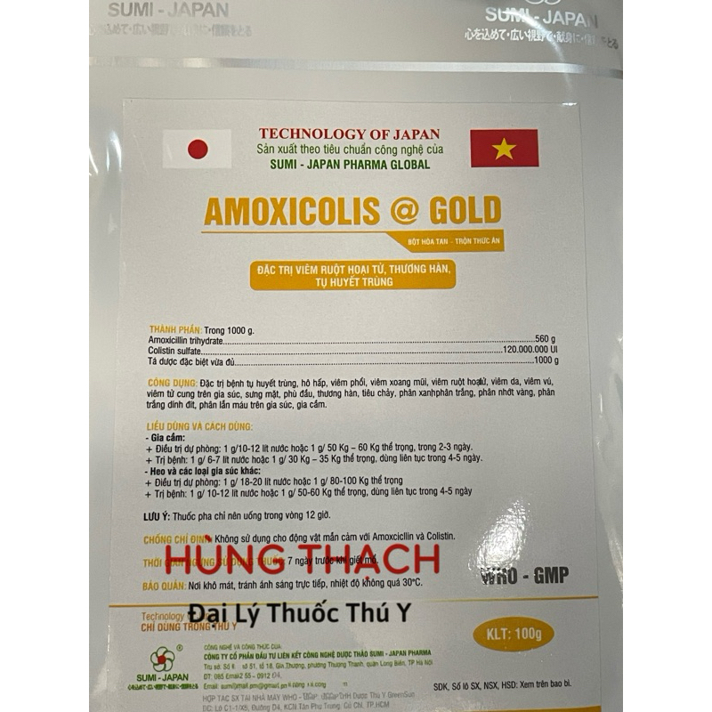 AMOXICOLIS GOLD 100g  Amox trên 50% tiêu chảy, đường ruột, viêm ruột Gà