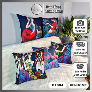 Gối Sofa Họa Tiết Cô Gái Vintage, Gối Tựa Lưng Sofa Tông Xanh Thích Hợp Trang Trí Nhà Cửa, Kích Thước 45x45cm, KENHOME