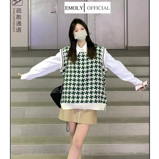 Áo gile nữ kẻ caro vintage dáng dài rộng ulzzang áo không tay thổ cẩm màu xanh - 030