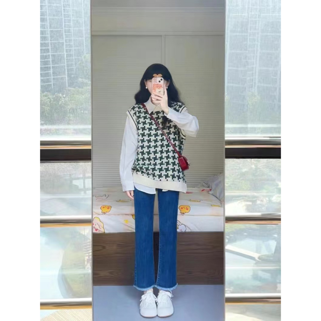Áo gile nữ kẻ caro vintage dáng dài rộng ulzzang áo không tay thổ cẩm màu xanh - 030