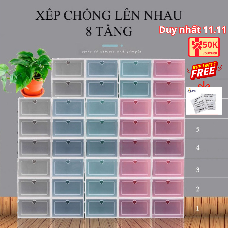 Combo 10 hộp đựng giày nắp nhựa cứng trong suốt, Kệ tủ sắp xếp giày dép chịu lực 6kg size to