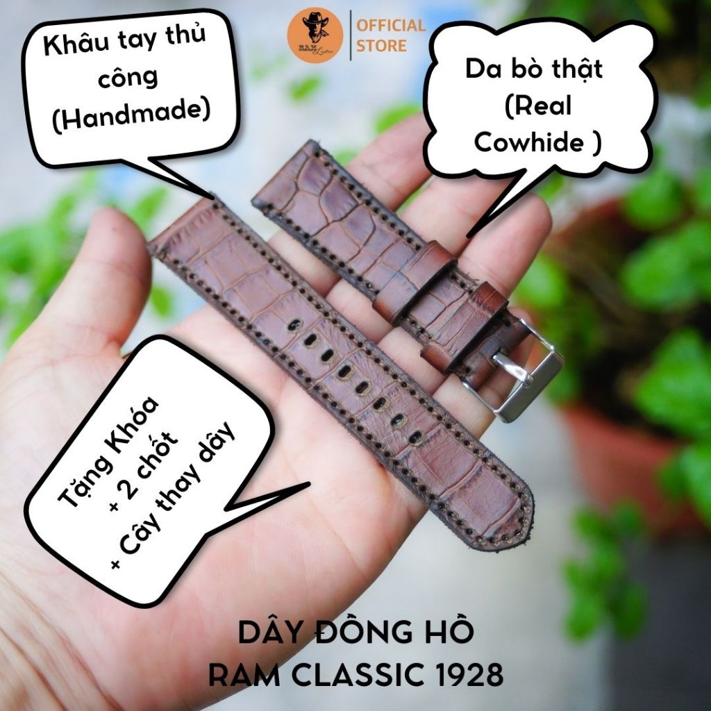 Dây Đồng Hồ Da Bò Thật RAM Leather 1928 Vân Cá Sấu Nâu Bền Đẹp