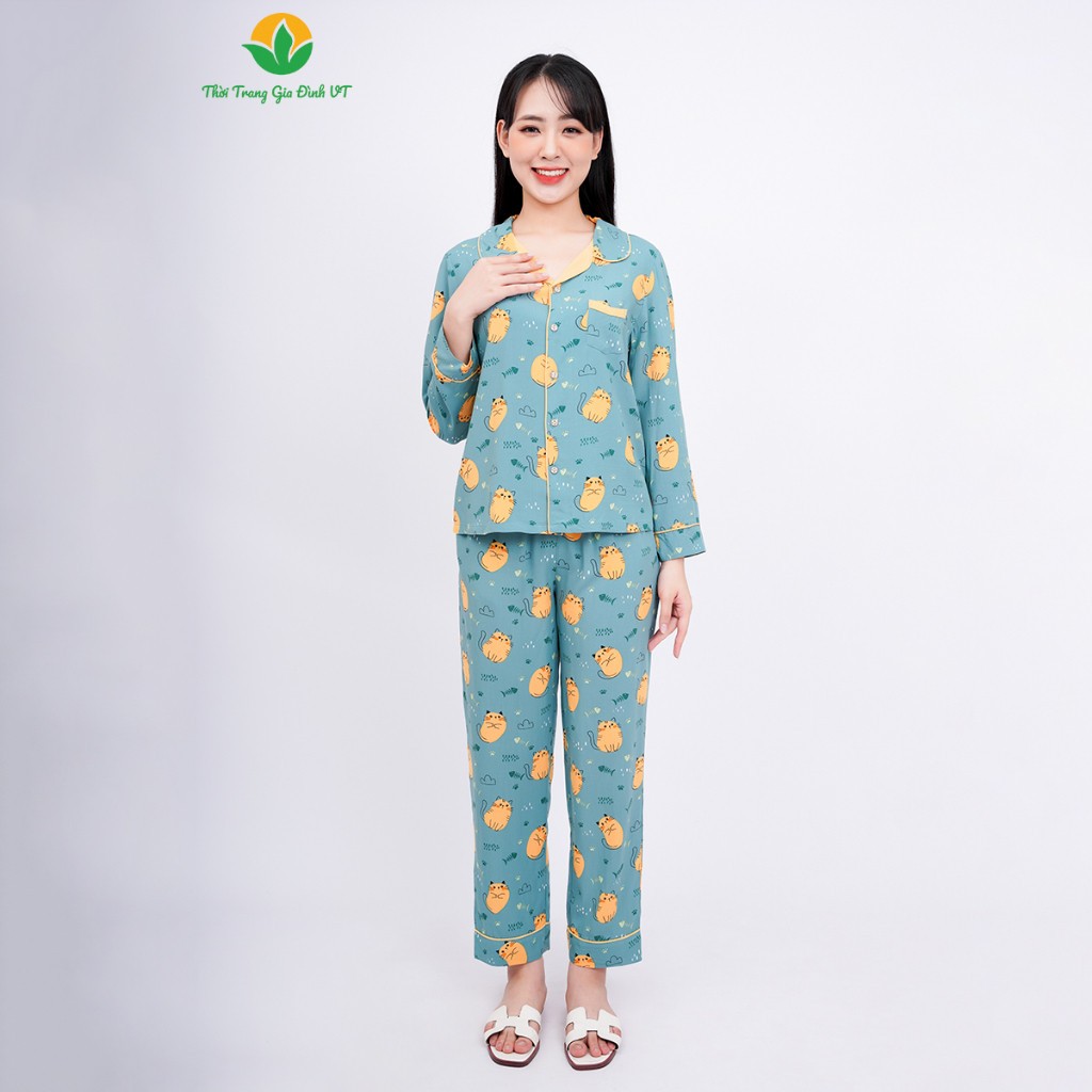 Bộ pijama lanh mặc nhà nữ thời trang Việt Thắng, quần dài, áo dài tay - B10.2301