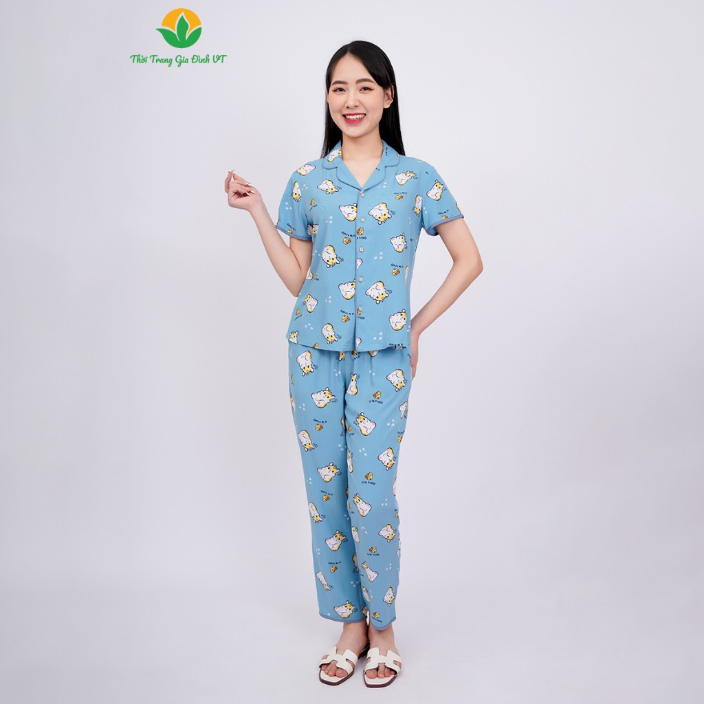 Bộ Pijama lanh nữ Việt Thắng quần dài áo cộc tay cổ 2 lớp - B08.2314