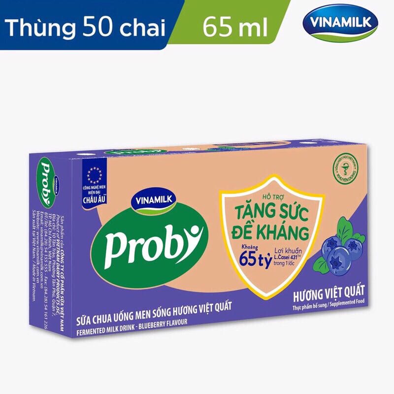Thùng 10lốc - 50 Chai x 65ml. Sữa Chua Uống men sống Proby Vinamilk. Đủ vị: Có đường, dâu, việt quất, dưa gang, dứa