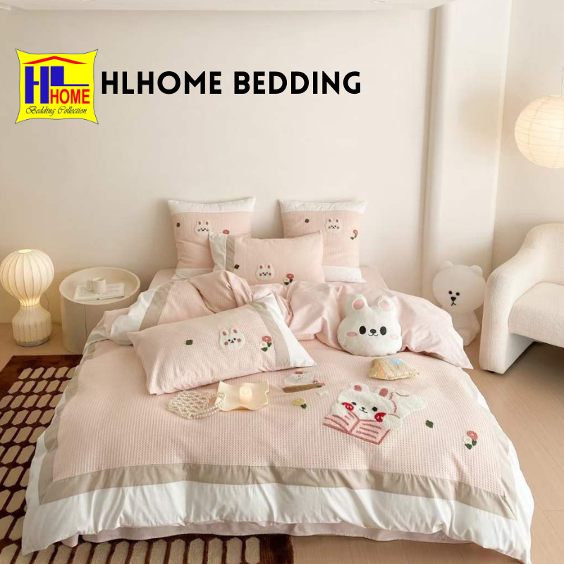 Bộ chăn ga cotton line sợi tre cao cấp 5 món tặng kèm gối decor thoáng mât