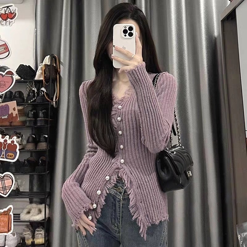 Áo khoác len dệt kim tay dài cúc ngọc KÈM ẢNH THẬT