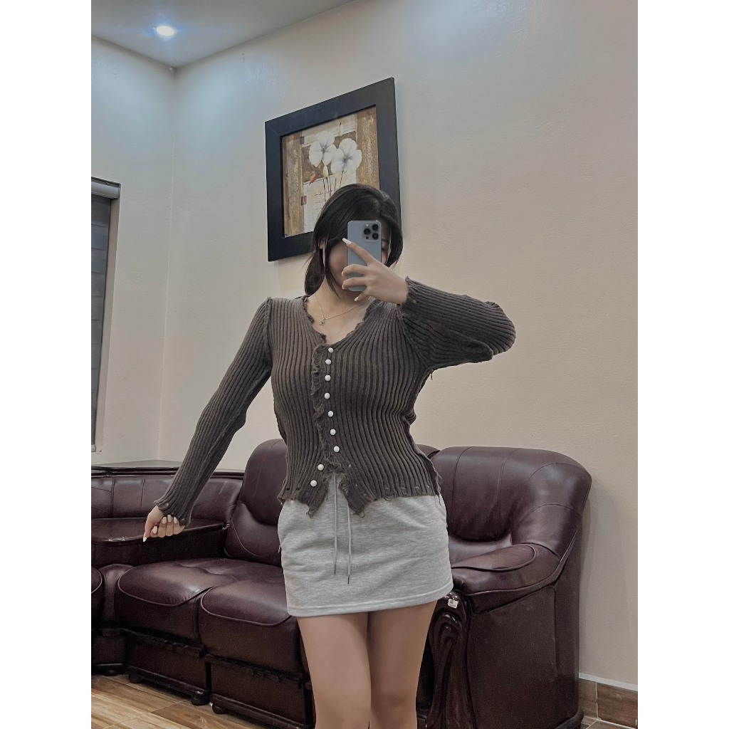 Áo khoác len dệt kim tay dài cúc ngọc KÈM ẢNH THẬT