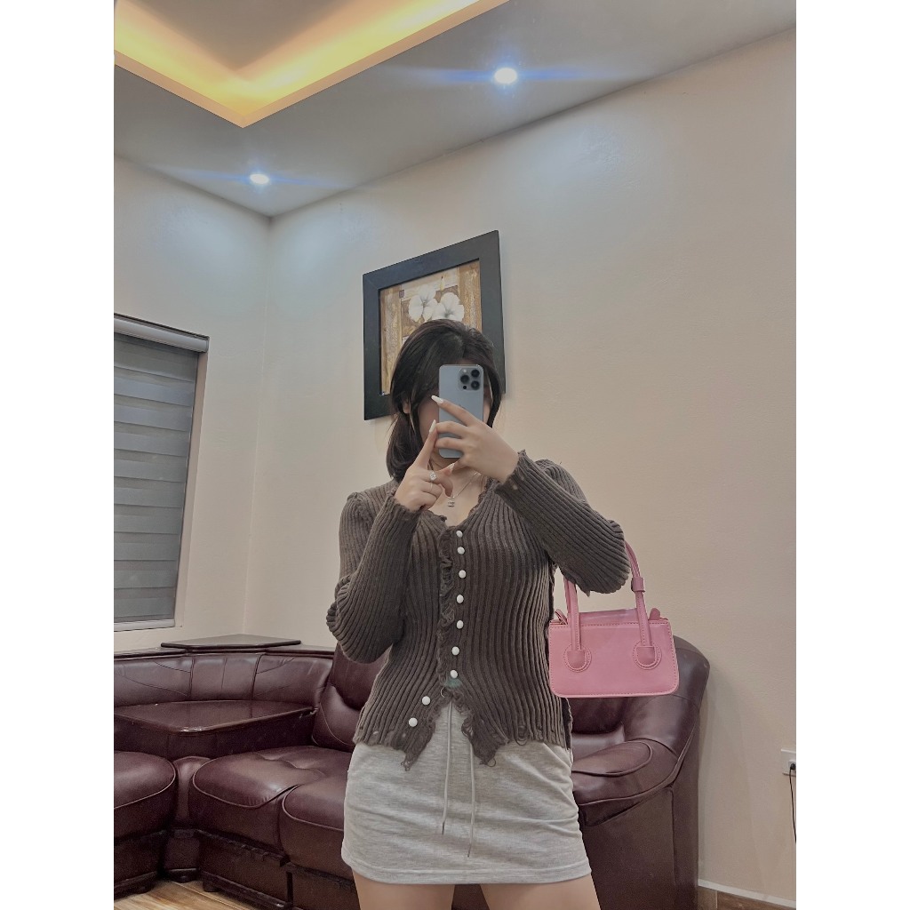 Áo khoác len dệt kim tay dài cúc ngọc KÈM ẢNH THẬT