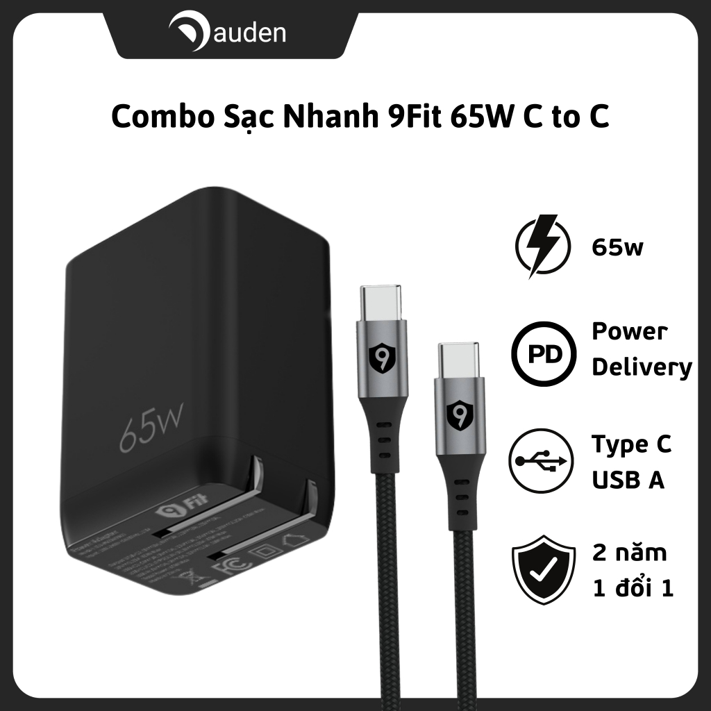 Combo sạc nhanh 9Fit 65W 1A2C C to C/ C to L, hỗ trợ sạc đa nền tảng, cáp sạc bọc dù - Hàng chính hãng