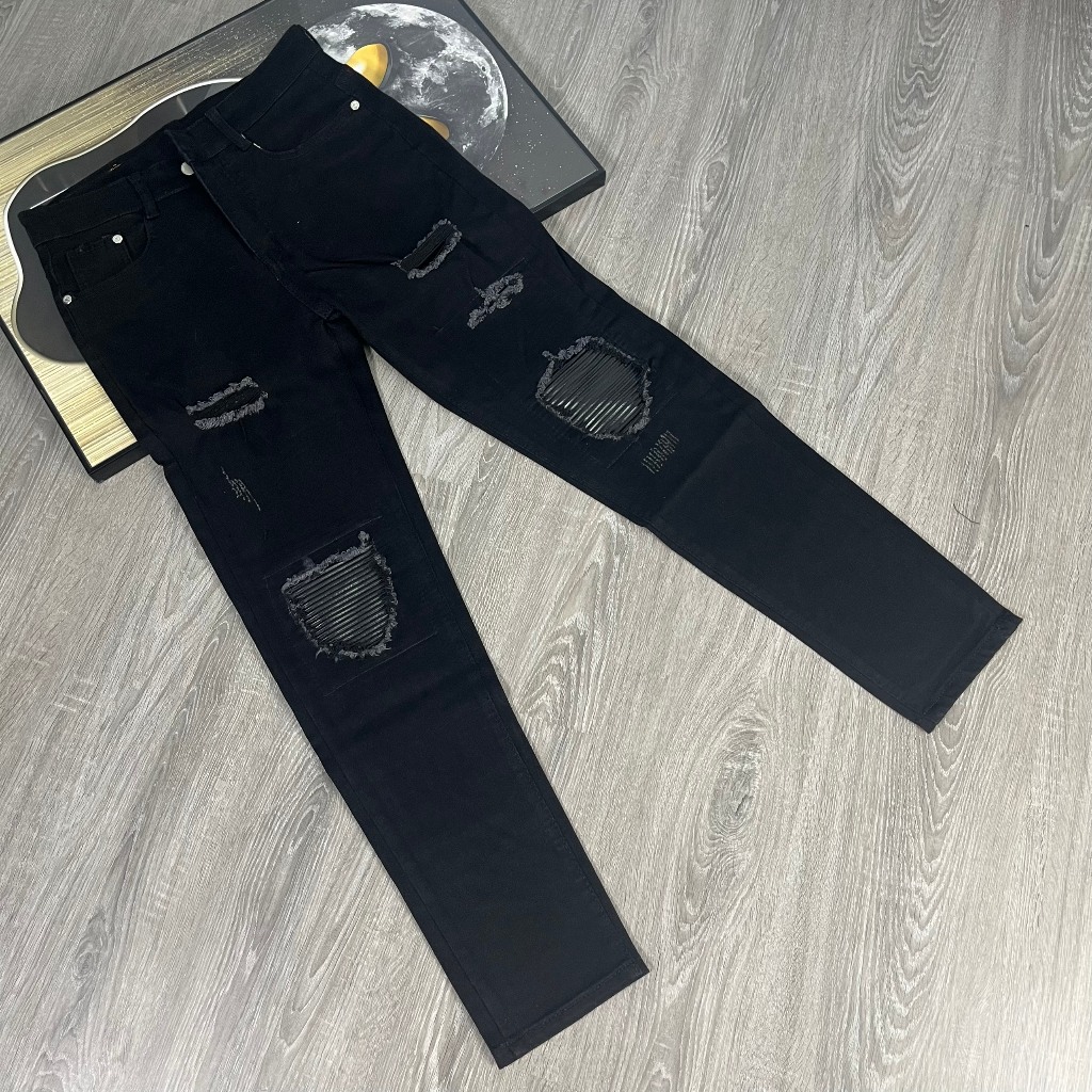 Quần jean nam rách gối to màu đen trơn chất bò cao cấp co dãn 4 đẹp rin trơn form dáng skinny PTZ.store Qj05