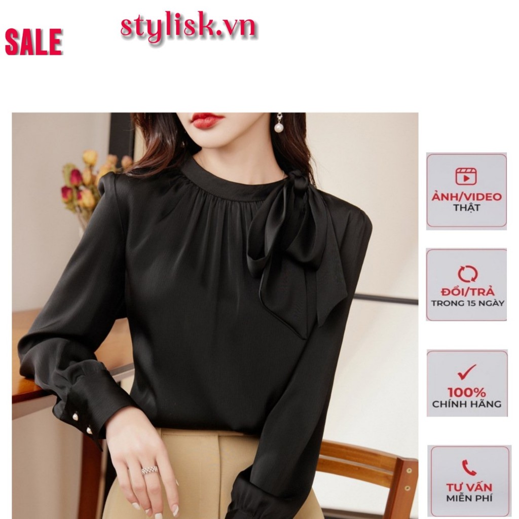 Áo sơ mi lụa tay dài cổ tròn thắt nơ  thời trang công sở thu đông A433