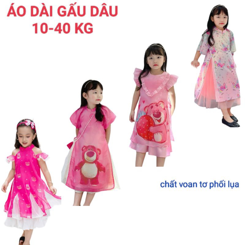 ÁO DÀI TẾT GẤU DÂU DỄ THƯƠNG NGỌT NGÀO VOAN TƠ CÁCH TÂN BÉ GÁI HAIVANCO 10 đến 40 kg mềm mại và thoáng mát hoa văn đẹp