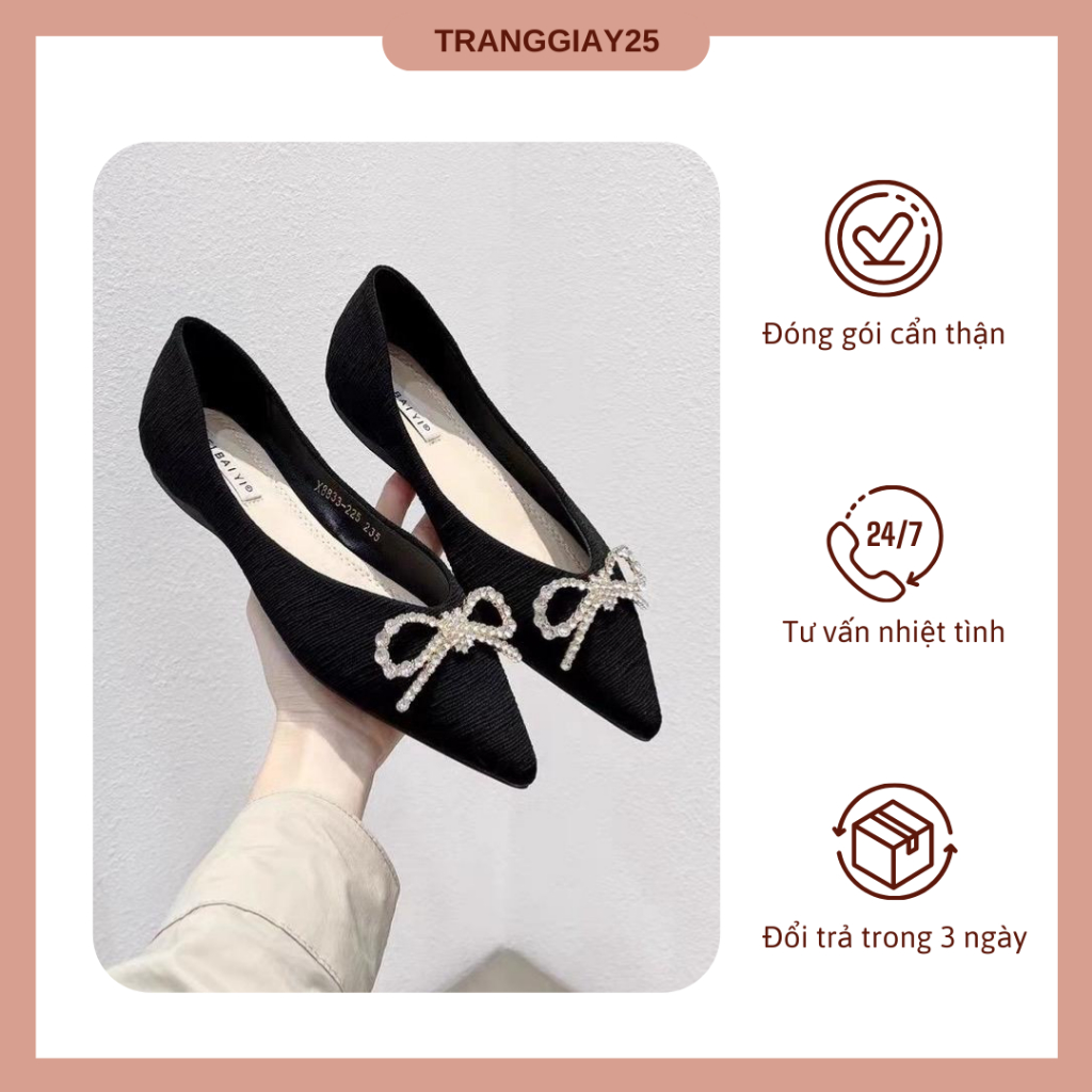 Giày búp bê nơ đá nhỏ đế dẻo bền êm chân 2 màu đen và trắng siêu xinh, sang chảnh cho nữ