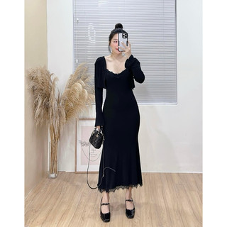Set váy 2s ren mix cardigan chất len tăm co giãn tốt
