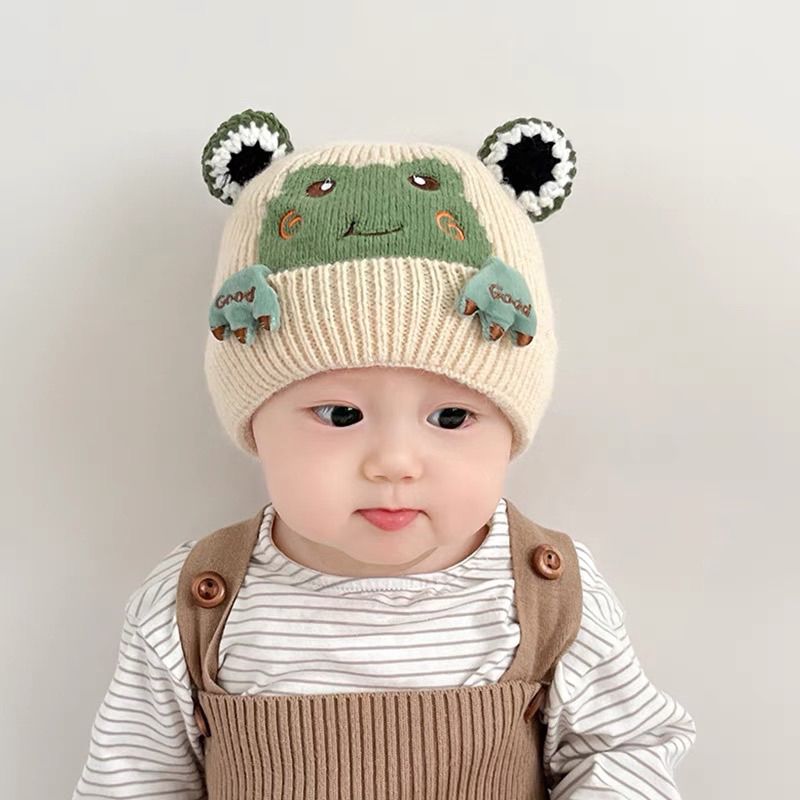 Mũ len trẻ em cho bé trai bé gái thêu ếch dễ thương , phù hợp 1-3 tuổi