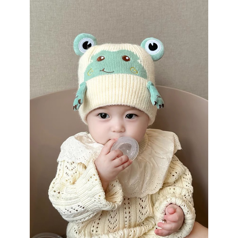 Mũ len trẻ em cho bé trai bé gái thêu ếch dễ thương , phù hợp 1-3 tuổi