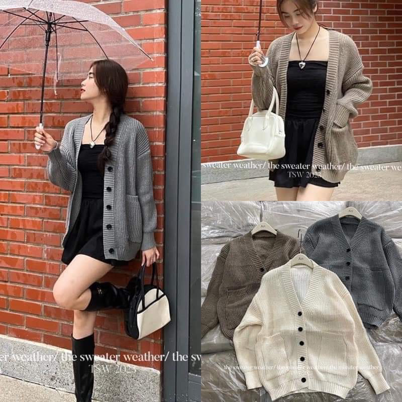 Áo khoác cardigan len gạo cúc cài tay bo cổ v,dáng rộng hàng quảng châu A255