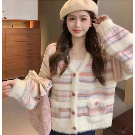 (Hàng QC) Áo len cardigan sọc cầu vồng trái tim - Candy Cardigan - Áo cardigan - Áo len nữ- Áo khoác