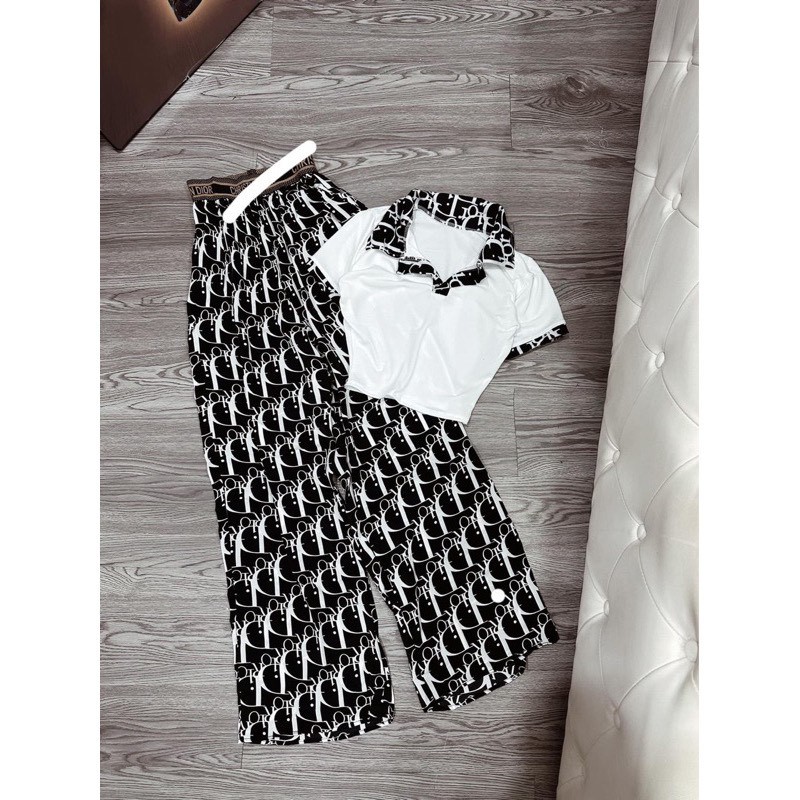 SET ÁO NỮ CROPTOP TAY NGẮN PHỐI QUẦN CARO DÀI 2 MÀU ĐEN, TRẮNG FORM CO DÃN 38-58KG