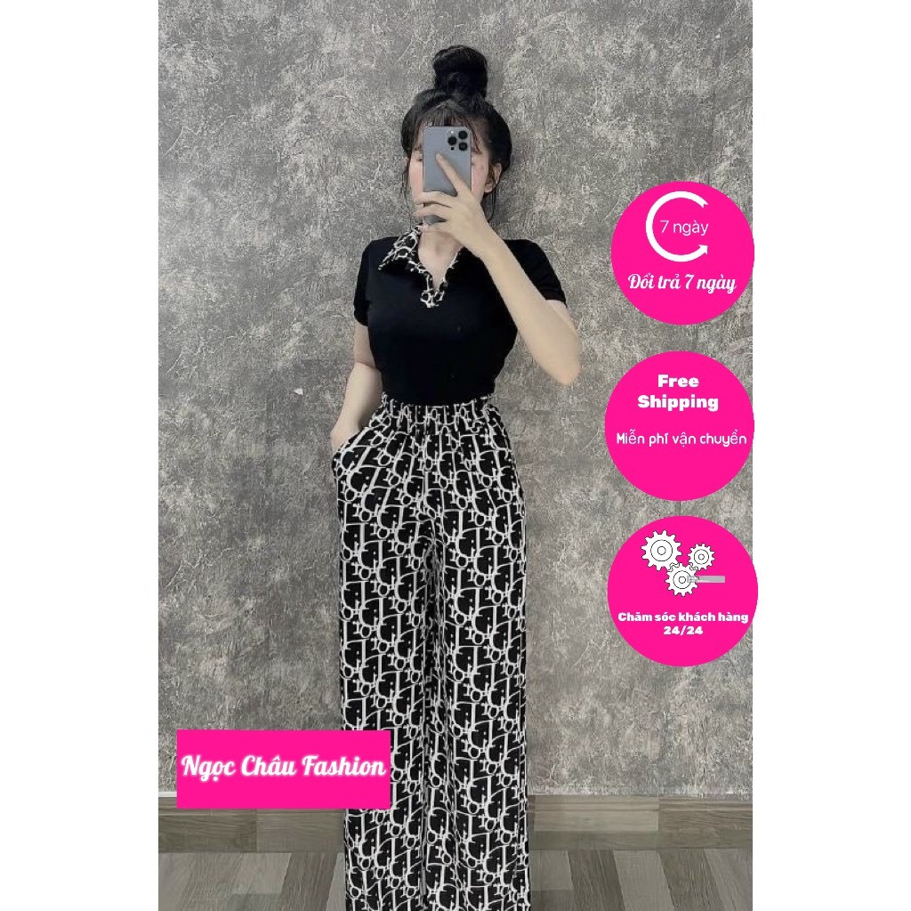 SET ÁO NỮ CROPTOP TAY NGẮN PHỐI QUẦN CARO DÀI 2 MÀU ĐEN, TRẮNG FORM CO DÃN 38-58KG