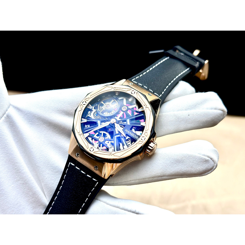 Đồng Hồ Nam Hanboro HBR 918 Rose Gold - Dây Da Lót Cao Su , Máy Automatic , Size 44mm