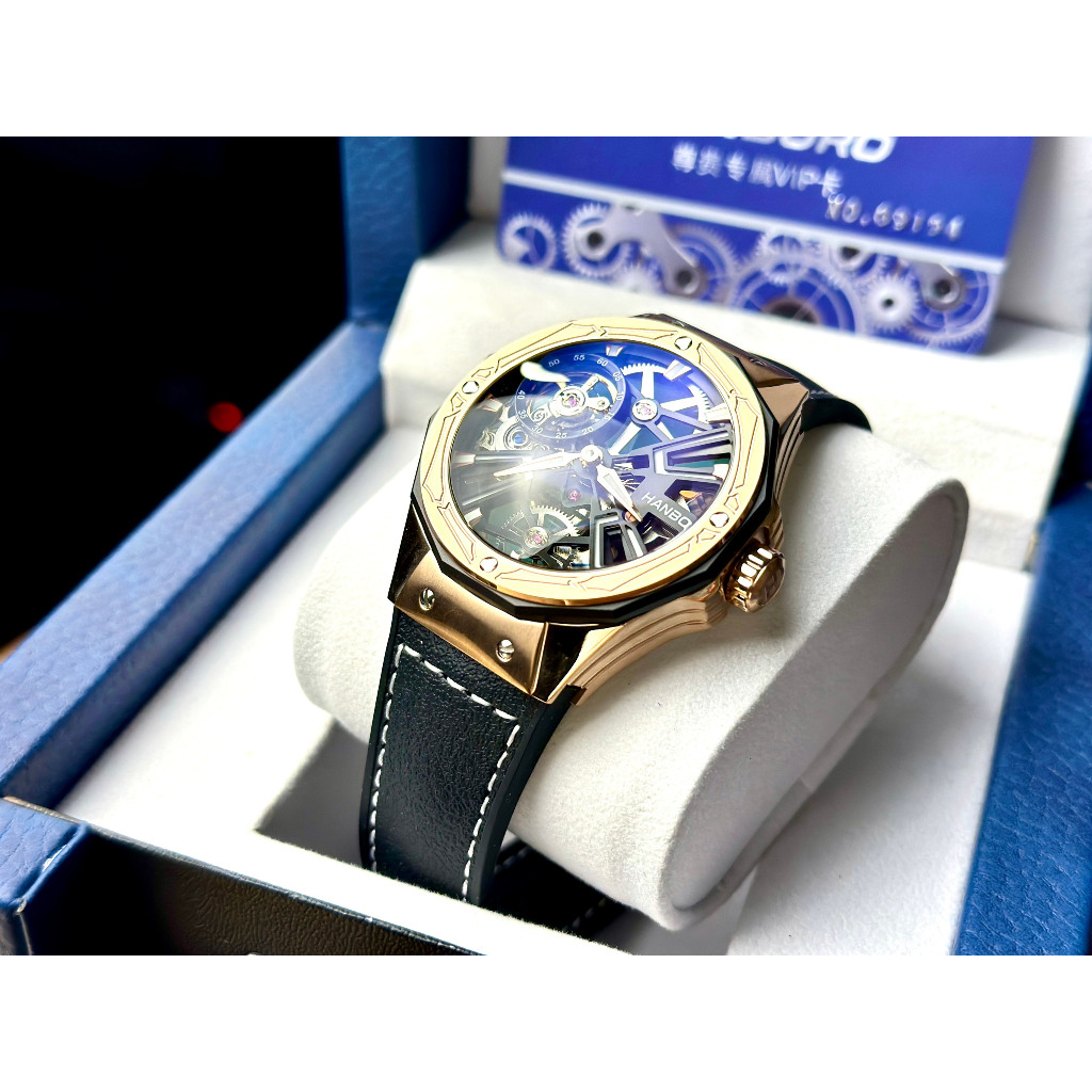 Đồng Hồ Nam Hanboro HBR 918 Rose Gold - Dây Da Lót Cao Su , Máy Automatic , Size 44mm