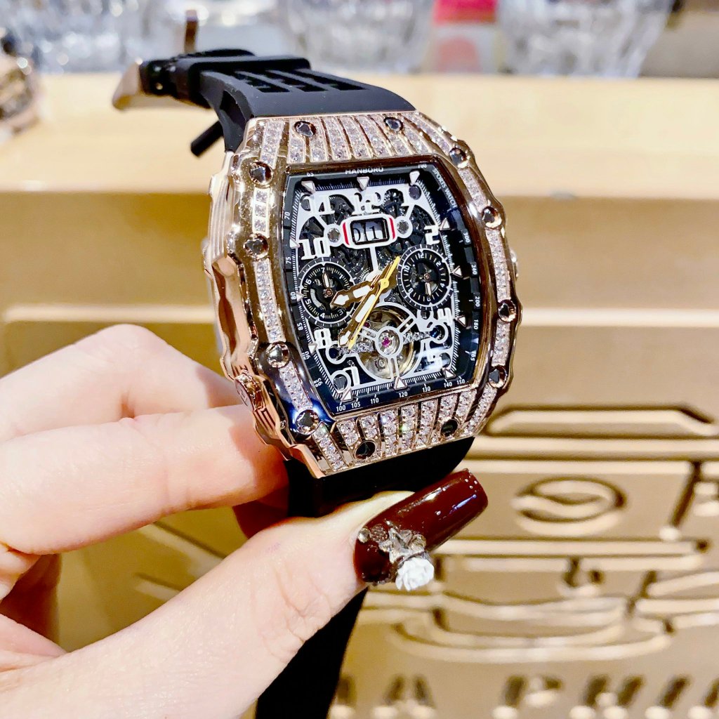 Đồng Hồ Nam Hanboro 900 Nạm Đá - Dây Silicone, Size 44mm