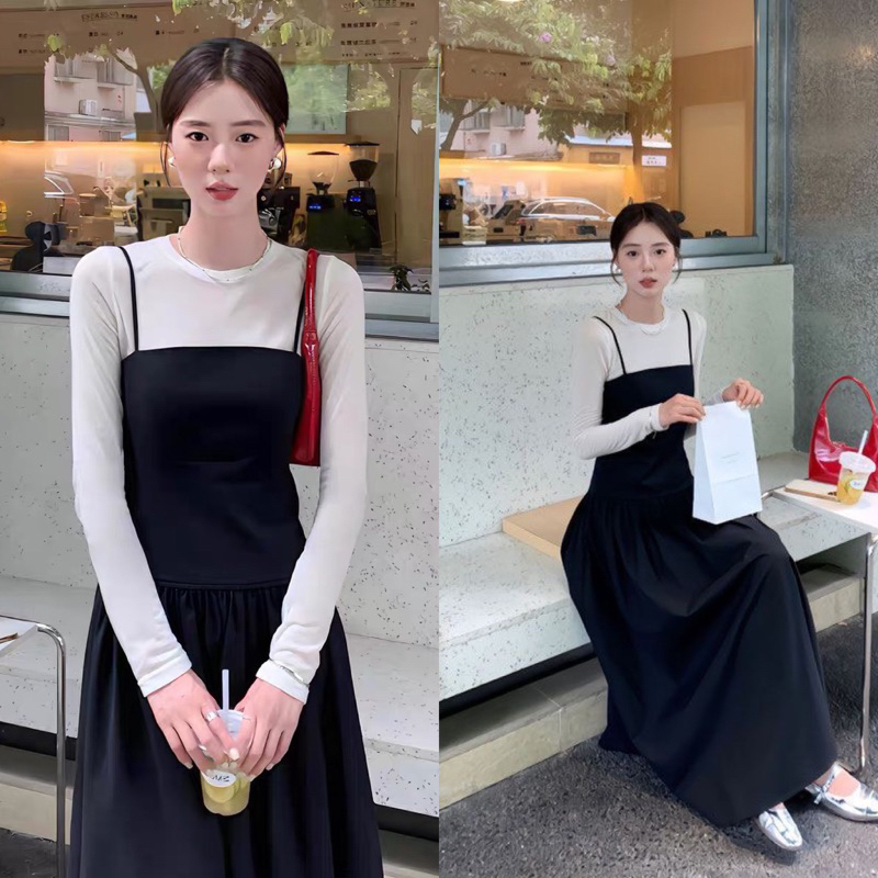 Set yếm váy dài chiết eo kèm áo thun gân tăm cài cúc cộc tay phong cách Hàn Quốc