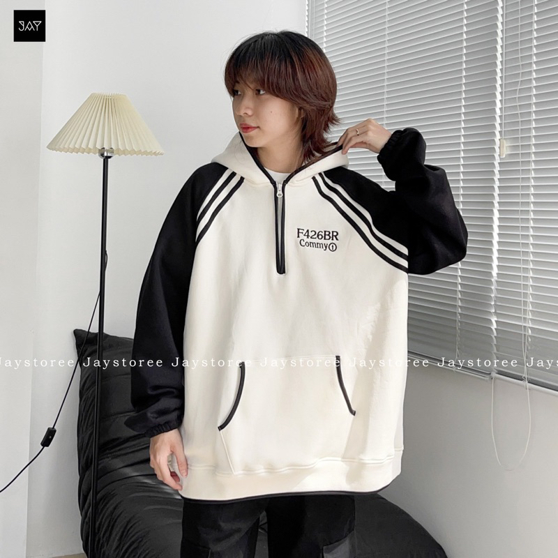 Áo Khoác Hoodie FIZ phối  2 màu XÁM/KEM  Form Rộng Unisex Nam Nữ - Áo hoodie có mũ chui đầu form rộng Jaystoree 🖤