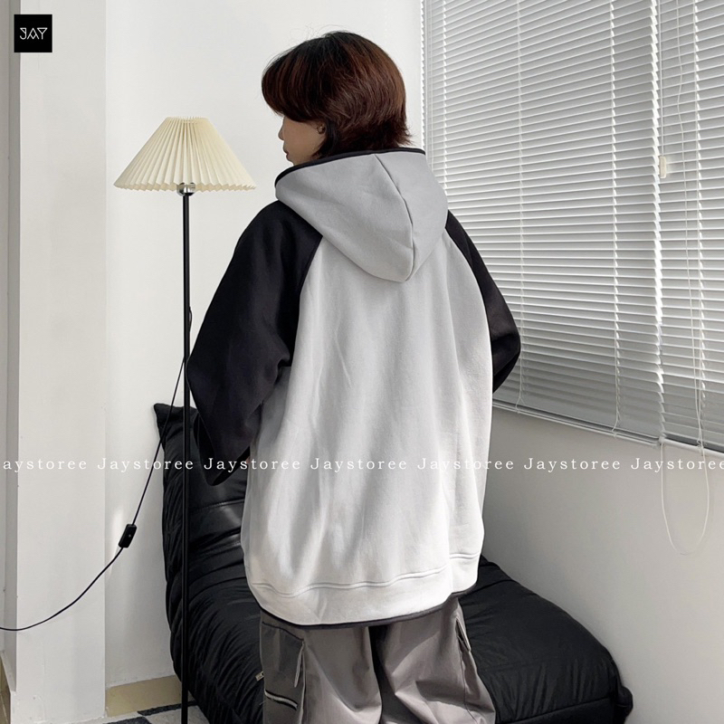 Áo Khoác Hoodie FIZ phối  2 màu XÁM/KEM  Form Rộng Unisex Nam Nữ - Áo hoodie có mũ chui đầu form rộng Jaystoree 🖤