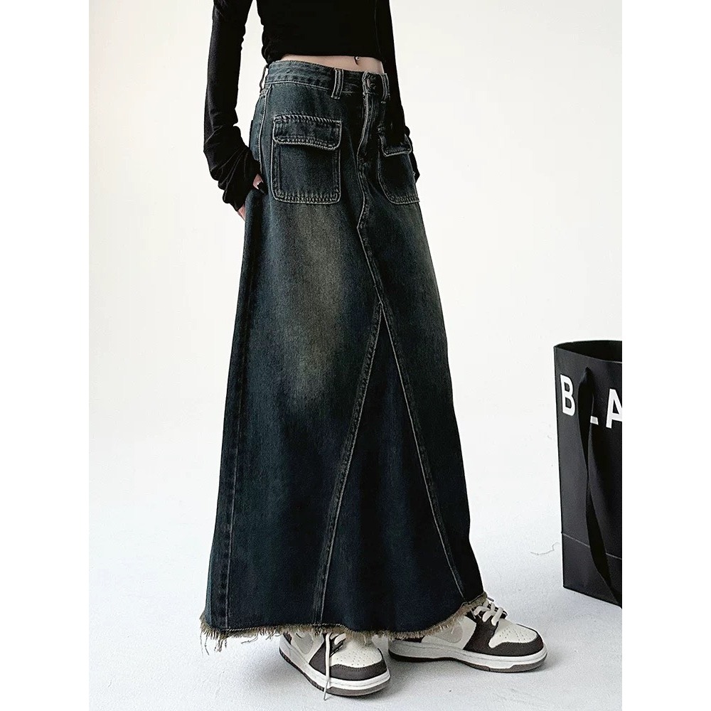 Chân váy jeans dài XONXEN SHOP QUY NHƠN túi nắp tua lai,chất jeans dày dặn màu siêu xinh mã 85089