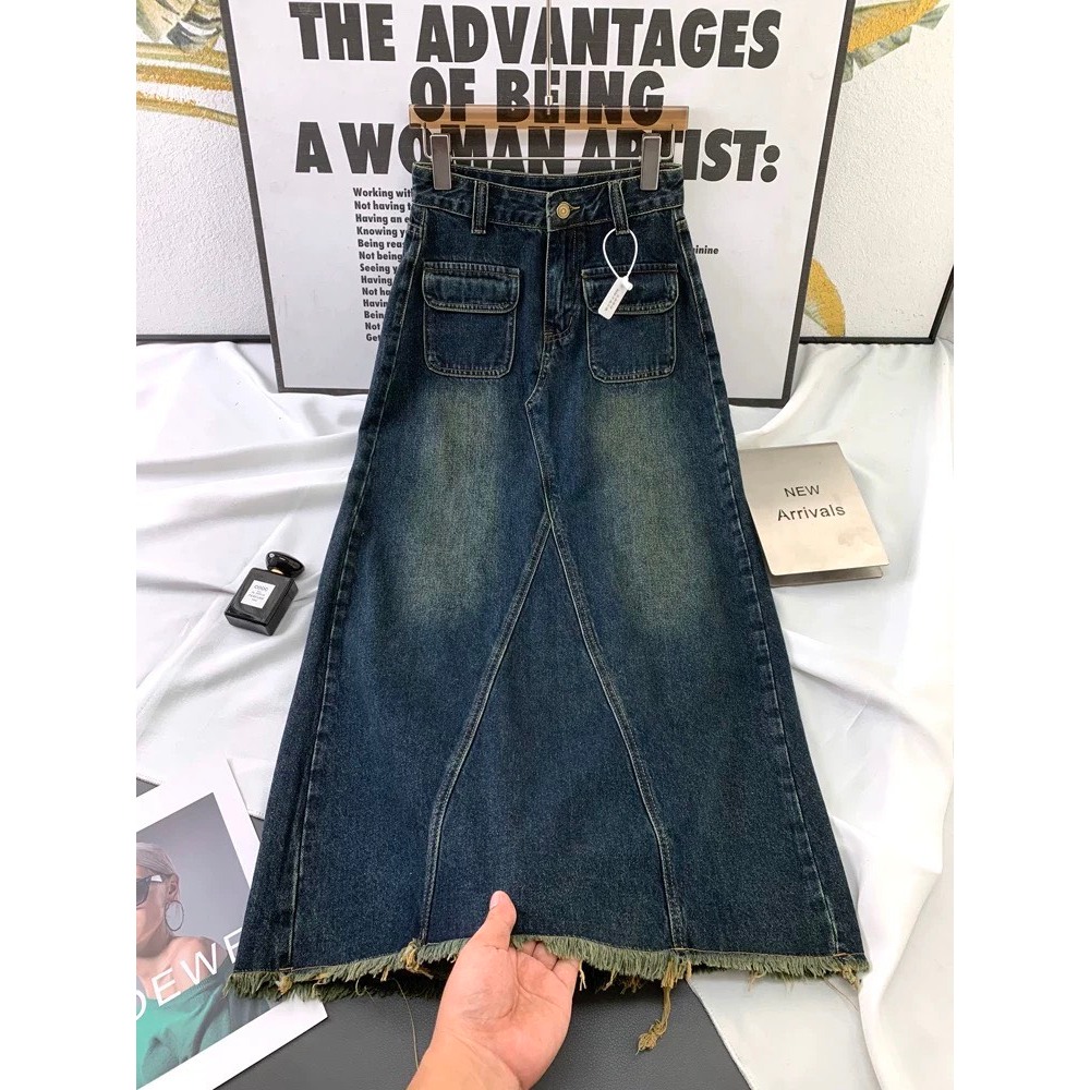 Chân váy jeans dài XONXEN SHOP QUY NHƠN túi nắp tua lai,chất jeans dày dặn màu siêu xinh mã 85089