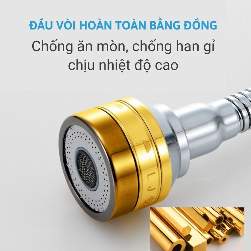 Đầu vòi rửa bát tăng áp đồng thau - inox 304 - 3 Chế độ - xoay 360 độ- bảo hành 12 tháng