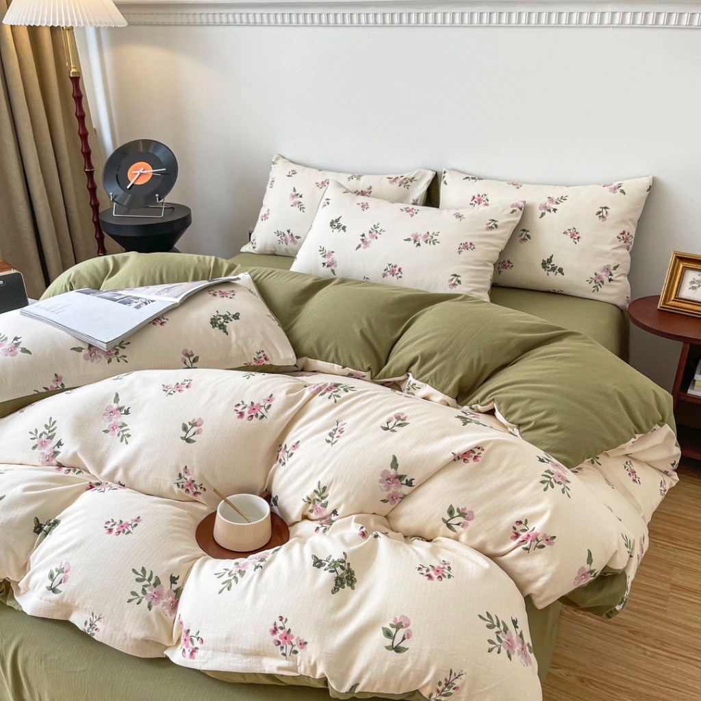 Bộ chăn ga gối cotton đũi 4 món vintage nhập khẩu cao cấp hoạ tiết hoa nhí, chất liệu cotton đũi mền mịn thoáng khí