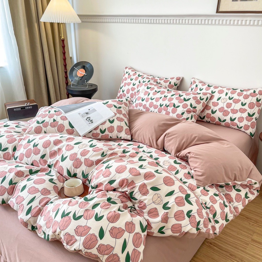 Bộ chăn ga gối cotton đũi 4 món vintage nhập khẩu cao cấp hoạ tiết hoa nhí, chất liệu cotton đũi mền mịn thoáng khí