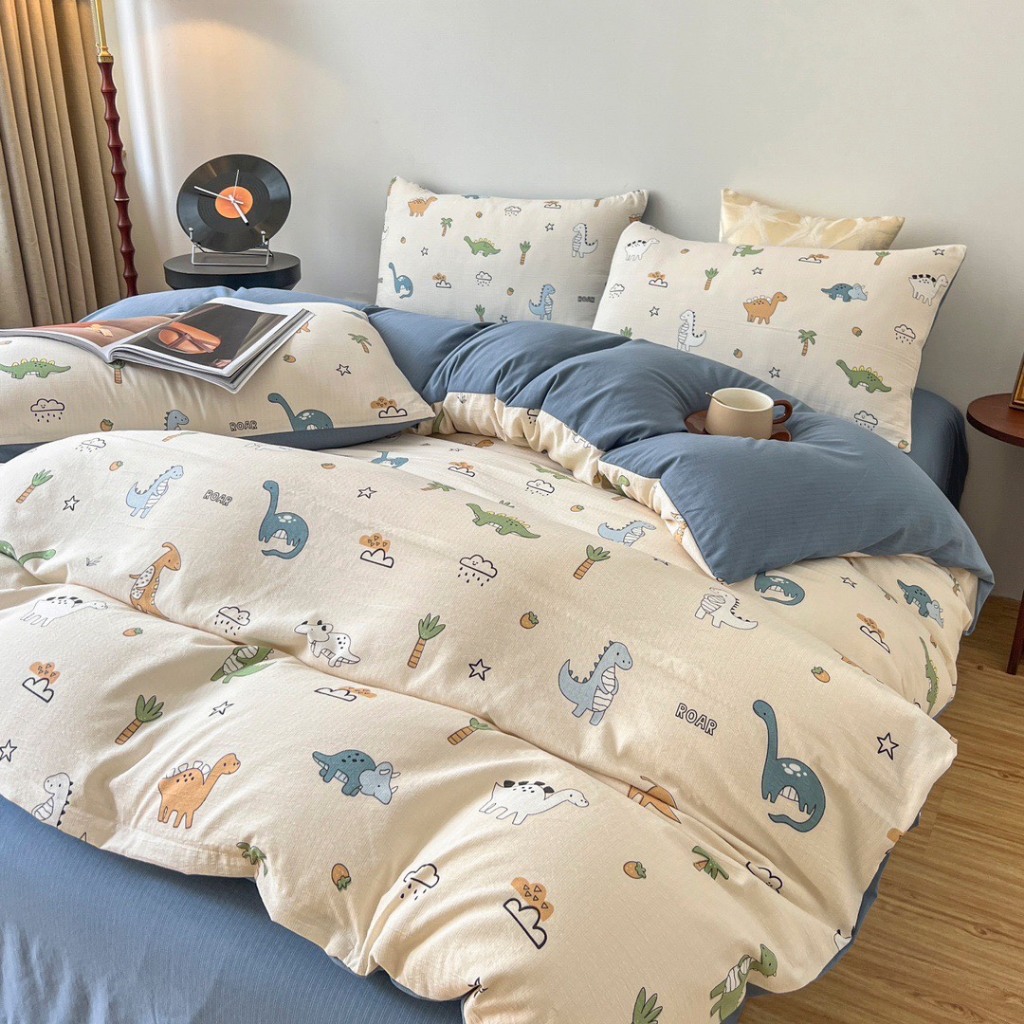 Bộ chăn ga gối cotton đũi 4 món vintage nhập khẩu cao cấp hoạ tiết hoa nhí, chất liệu cotton đũi mền mịn thoáng khí