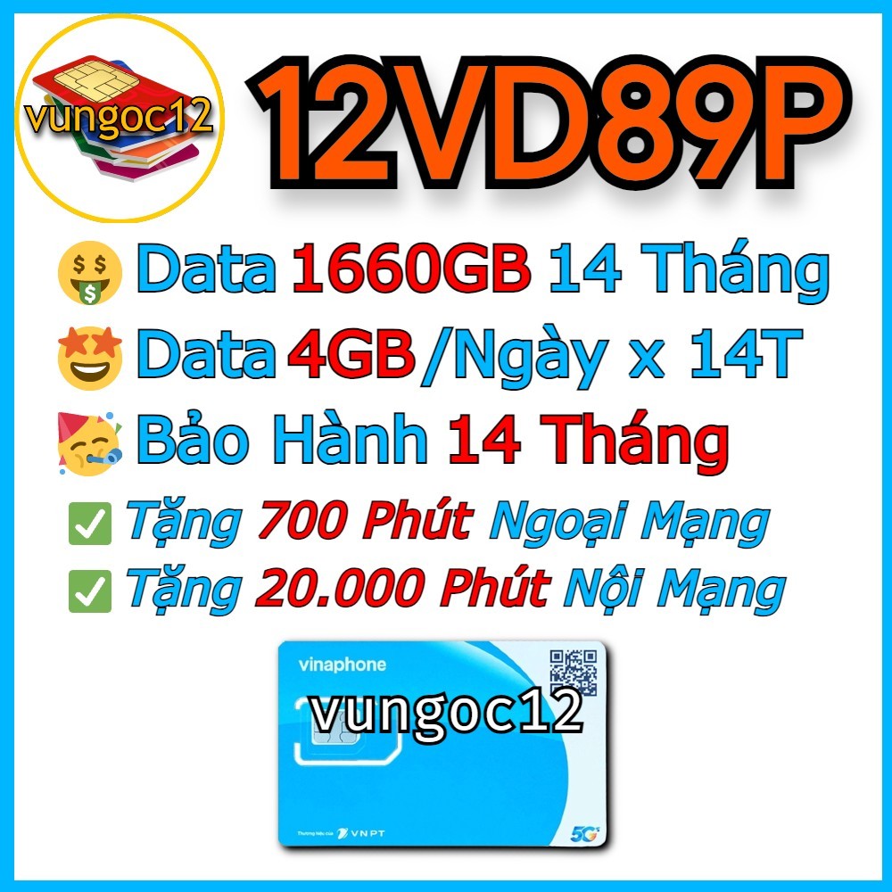 SIM 4G VINAPHONE VD89P 14THÁNG D89Y 16THANG TD49 100GB/THÁNG 12VD120M XÀI THẢ GA
